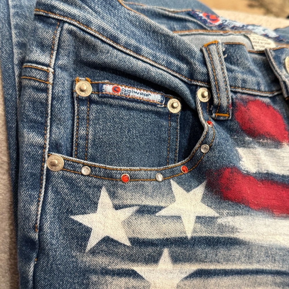 Vintage Early 2000s Cool Wear Blue flare jeans with American flag print size 1 - Picture 11 of 11